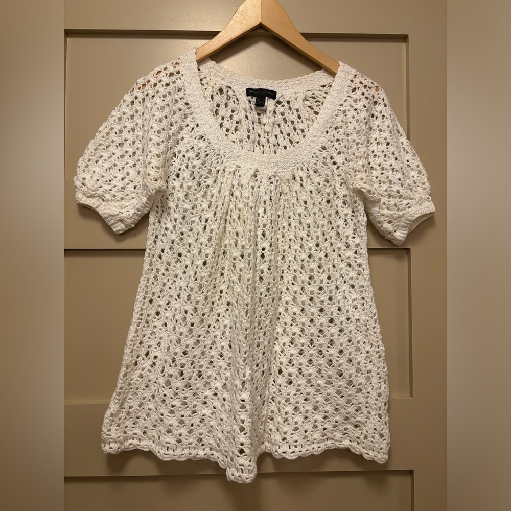 MANGO Crochet Open Knit Short Sleeve A Line Cotton Top Scoop Neck